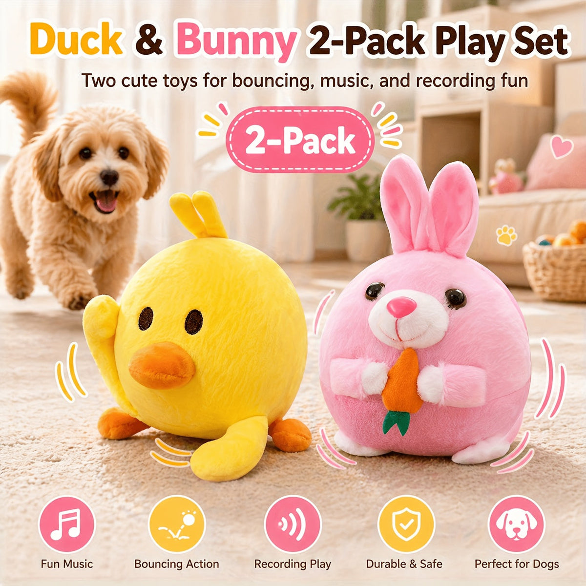 Electronic Bouncing Dog Toy with Animal Sound - USB Rechargeable Interactive Rolling Ball, Voice Recording & Music Mode, Washable Motion Sensor Toy for Small Medium Dogs & Puppies