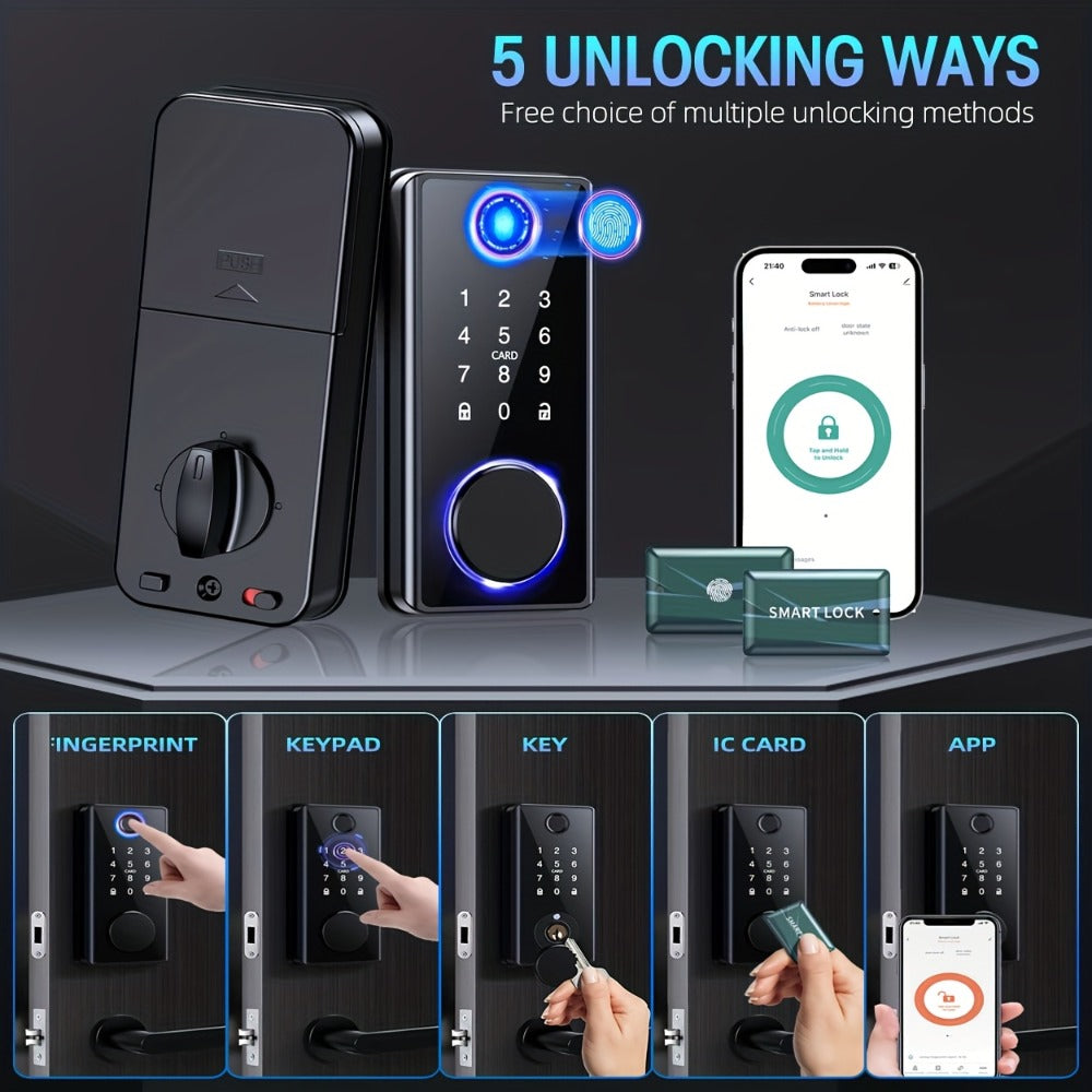 5-in-1 Smart Door Lock with 100 Fingerprints & IC Card - Fingerprint, Passcode, App & Key Keyless Entry for Home, Hotel & Apartment, Multi-User Access, Remote Management, Easy DIY Install