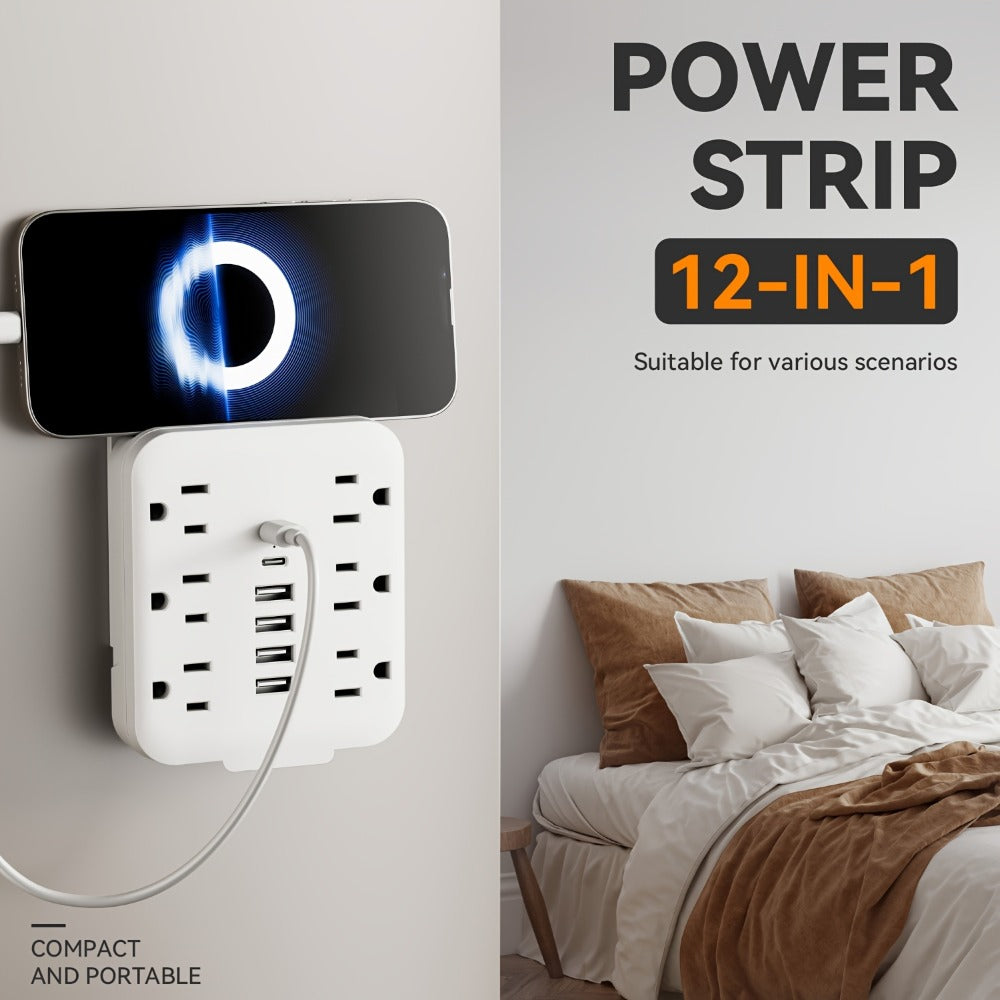 Wall Power Strip 12-in-1 with 6 AC Outlets & 6 USB Ports (2 USB-C) – Compact Space-Saving Plug, 110-130V US Plug for Home & Office – White & Black