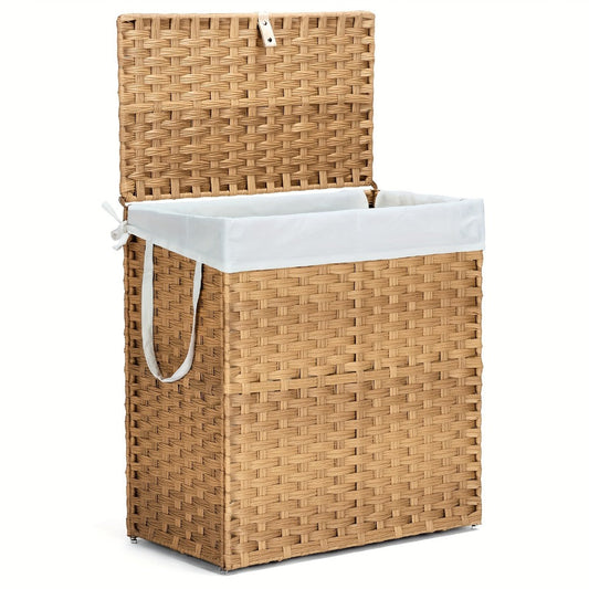 Rattan Laundry Basket with Lid & Washable Liner, Foldable Steel-Frame Hamper