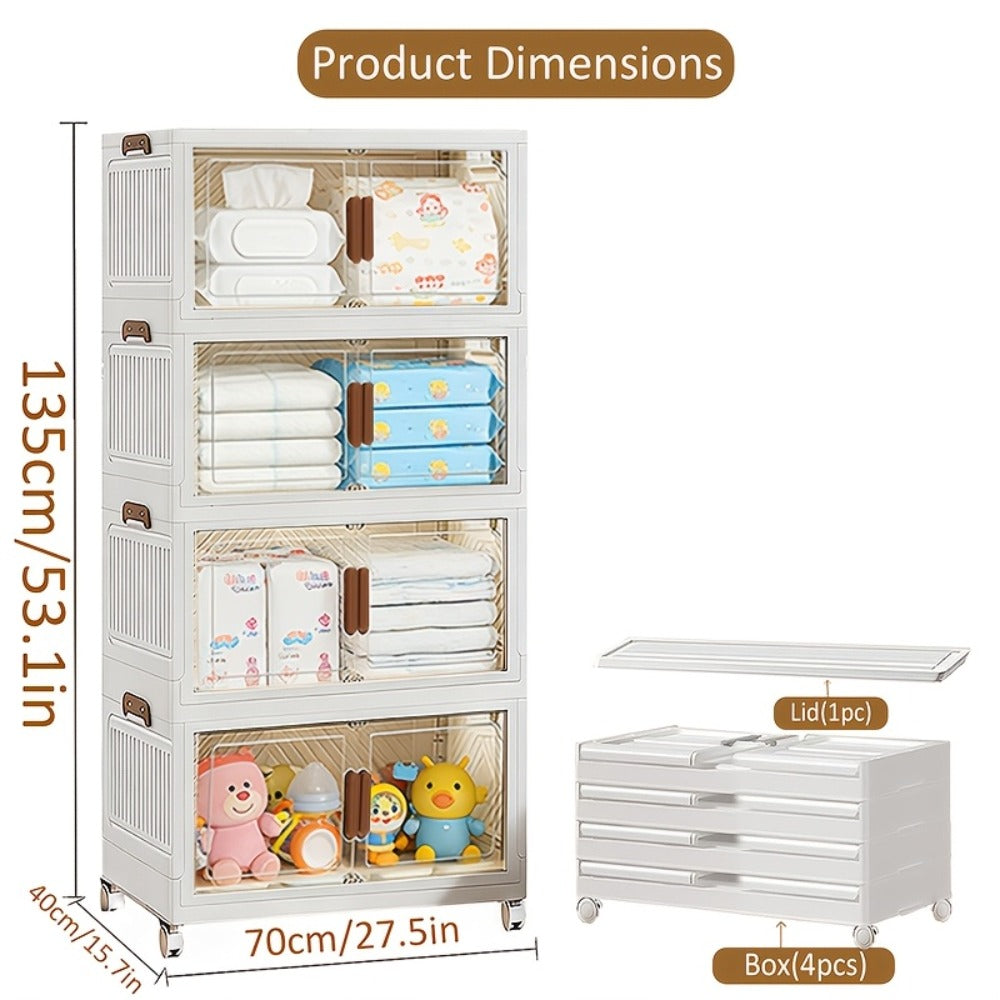 Stackable Foldable Storage Cabinet with Door – PP Plastic 1/2/3/4/5 Layer Organizer Box with Wheels & Cover | Dual-Access Home Storage for Clothes, Books, Snacks & Kitchen Supplies | Office & Garage