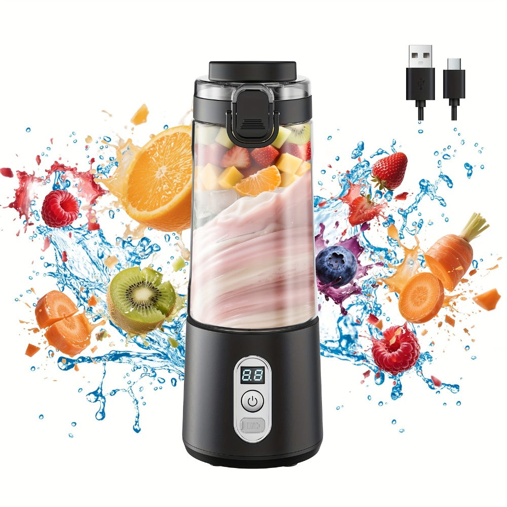 Portable Smoothie Blender USB-C Fast Charge 6-Blade Stainless Steel – Digital Timer Battery Display High-Speed Ice Crush No-Spill Lid | Protein Shake Gym Travel Blender in Black Pink White