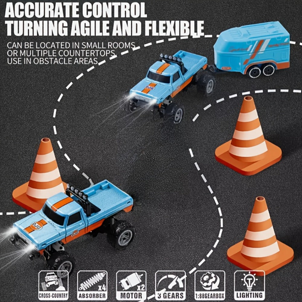 Mini RC Monster Truck, 1:64 Scale Alloy Body with LED Lights, Blue