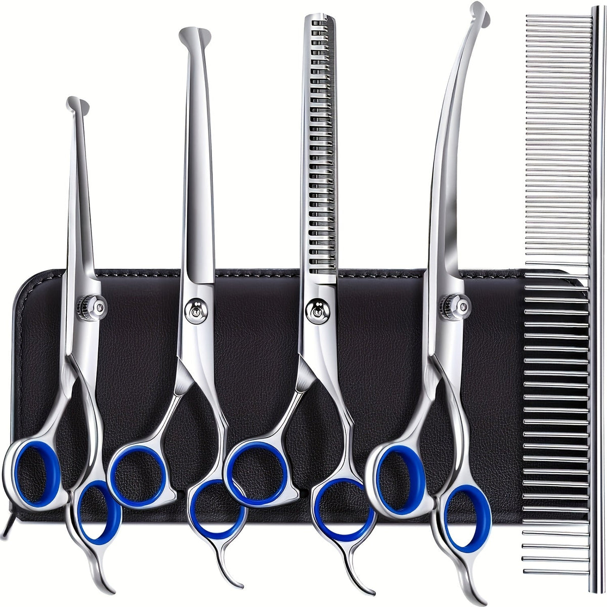 Dog Grooming Scissors Set 6-in-1 Titanium Coated Stainless Steel Pet Shears Safety Round Tip for Dogs Cats Universal Hand Orientation Professional
