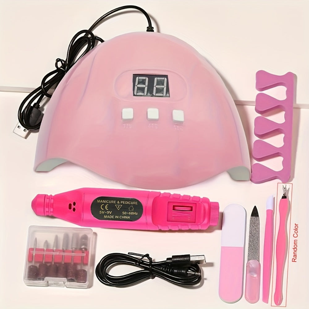 Nail Art Tool Set 7-in-1 Complete Professional Manicure Kit with UV Nail Lamp, Glue Dryer, Nail Polisher, Cuticle Pusher & Fork, Finger Divider – Stainless Steel Salon Kit for Women