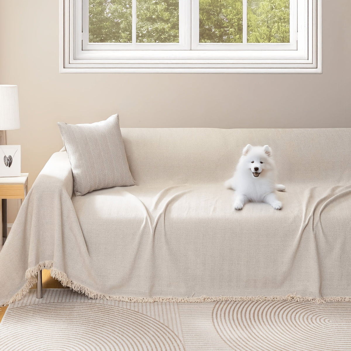 Couch Cover Throw Chenille Fringe Extra Large - Pet Friendly Scratch Proof Non-Slip Washable Polyester Sofa Protector | 3 Seat 71x102in 4 Seat 71x134in | Beige Gray Brown | Living Room Multipurpose