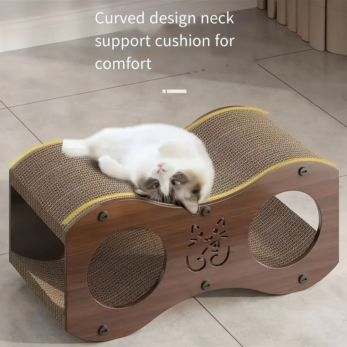 Cat Scratching Post with Integrated Cat Bed - Sturdy Walnut Wood Base, 4-Season Woven Scratch Pad, Indoor Cat Scratcher Lounge for Scratching, Lounging & Play, Oak Color with Optional Cat Toy