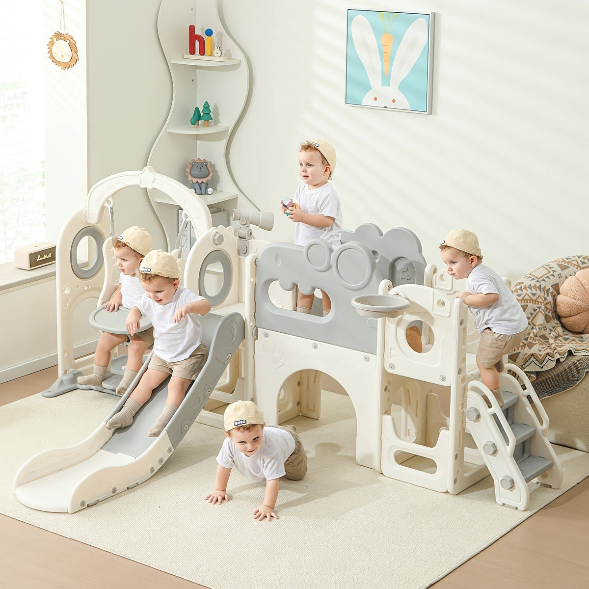 9-in-1 Foldable Toddler Slide with Basketball Hoop Telescope Climbing Set Indoor Outdoor Kids Playset Extended Slide for Toddlers Boys Girls