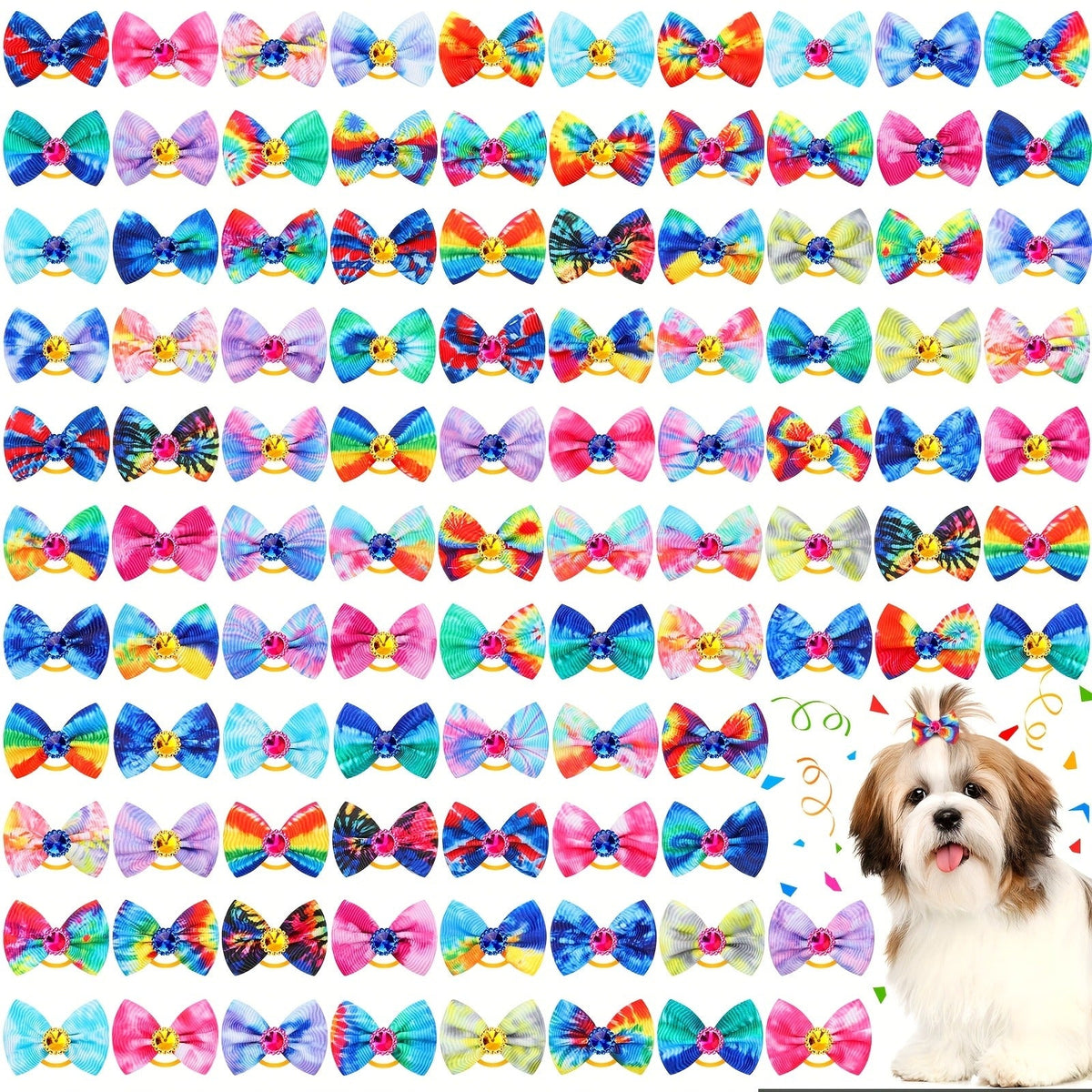 Dog Hair Bows 100 Pack Tie Dye Rhinestone Puppy Grooming Accessories with Rubber Bands – Colorful Spring Dog Topknot Bows for Small Dogs, Cats & Grooming Salons, Bulk Hair Bow Set