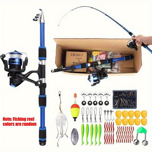 Fishing Rod and Reel Combo with Pre-Spooled Line, Soft Baits and Hooks, Blue or Green