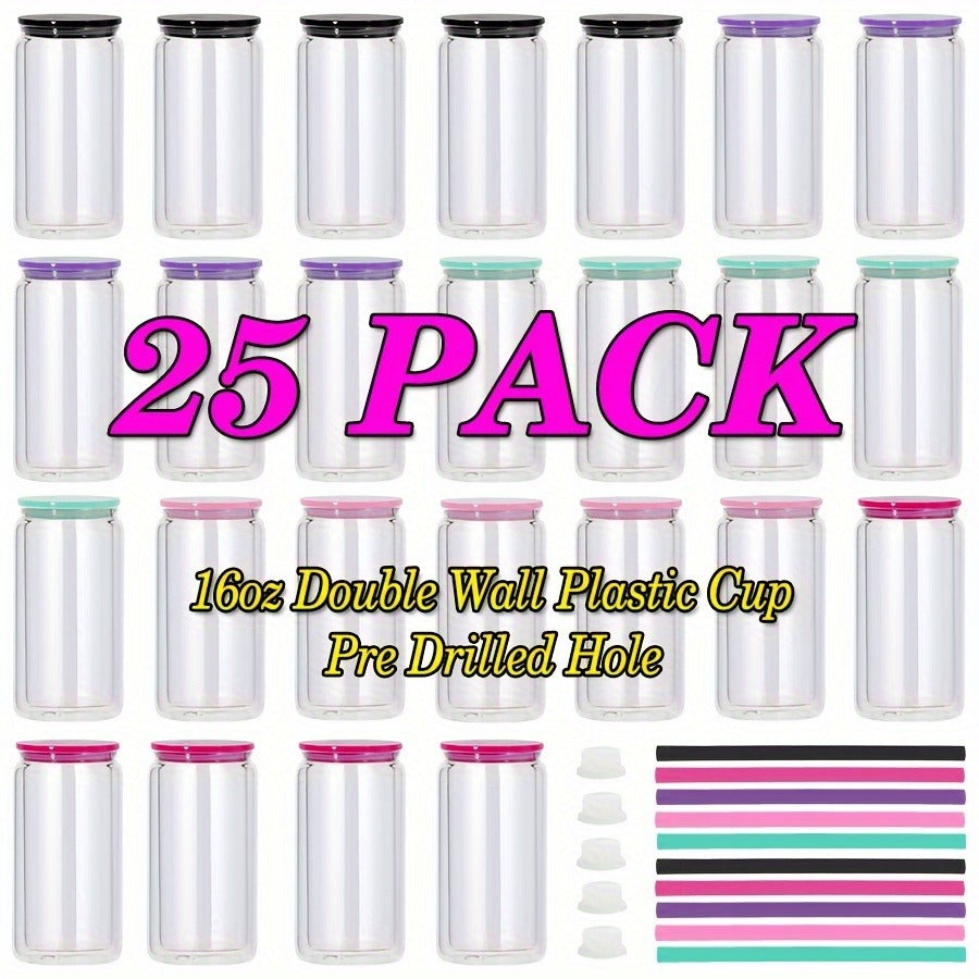 Clear Plastic Snow Globe Tumblers 16oz Double Wall Bulk Set 25 or 50 Cups Pre-Drilled Hole Colored Lid Straw for Iced Coffee Boba Soda Party DIY Customization