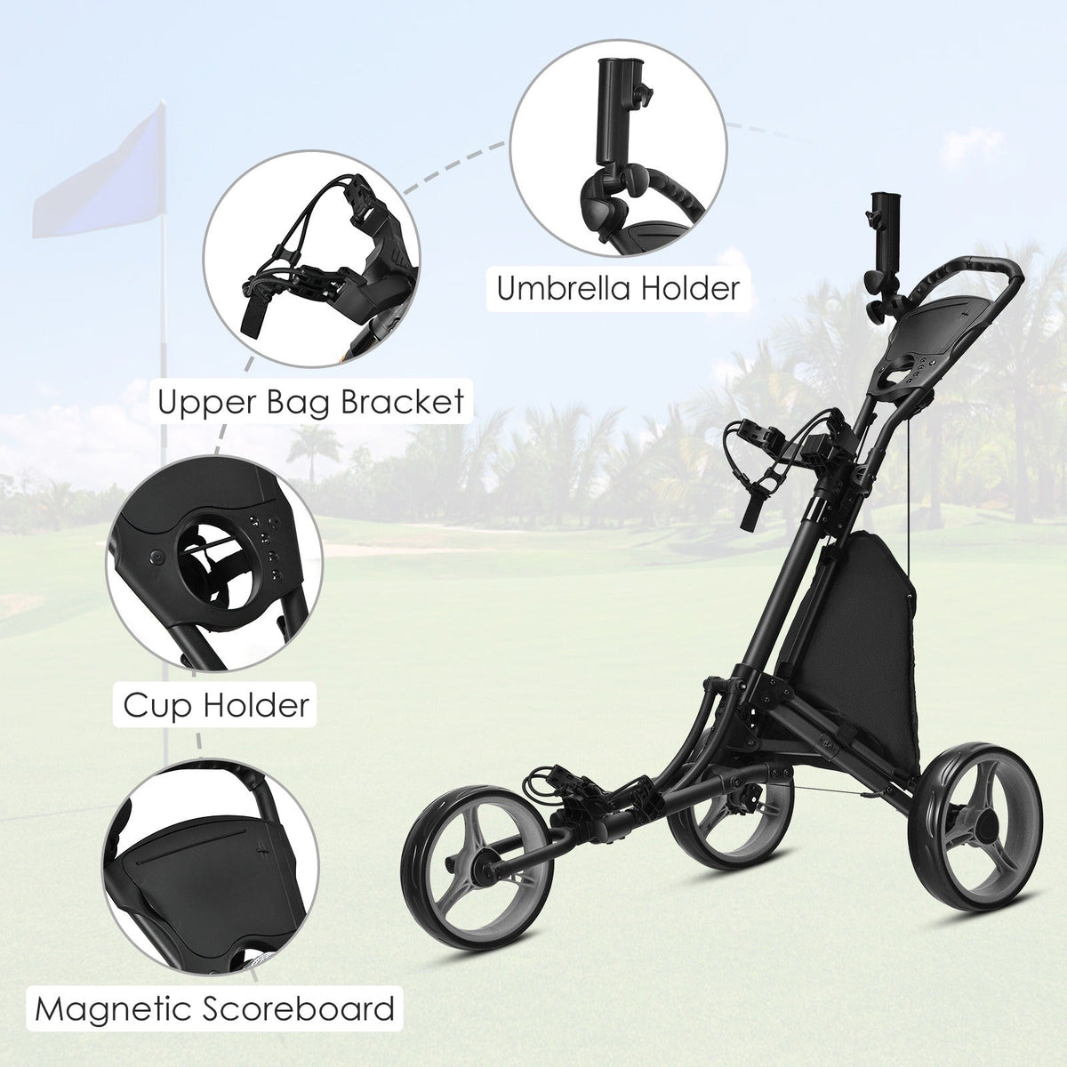 3-Wheel Folding Golf Push Cart Lightweight Aluminum Golf Trolley with Cup Holder Umbrella Holder Scoreboard Storage Bag Foot Brake Adjustable Handle for Golf Clubs