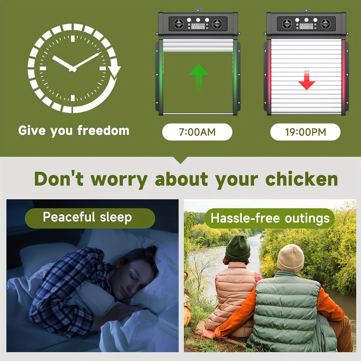 Automatic Chicken Coop Door Solar Powered – KA-200 Aluminum Alloy Auto Door with Timer, Light Sensor, Anti-Pinch Safety, Remote Control & Solar Panel Included – Poultry Coop Management
