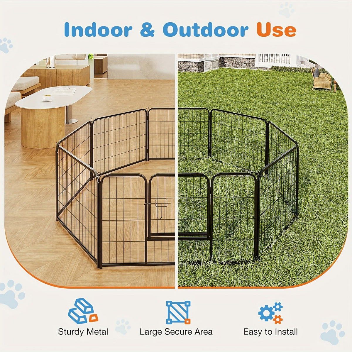 Metal Dog Playpen with Door DIY 8 or 16 Panel Foldable Pet Pen for Small Medium Large Dogs Puppies Easy Assemble Indoor Outdoor Use 24 32 40 Inch Height