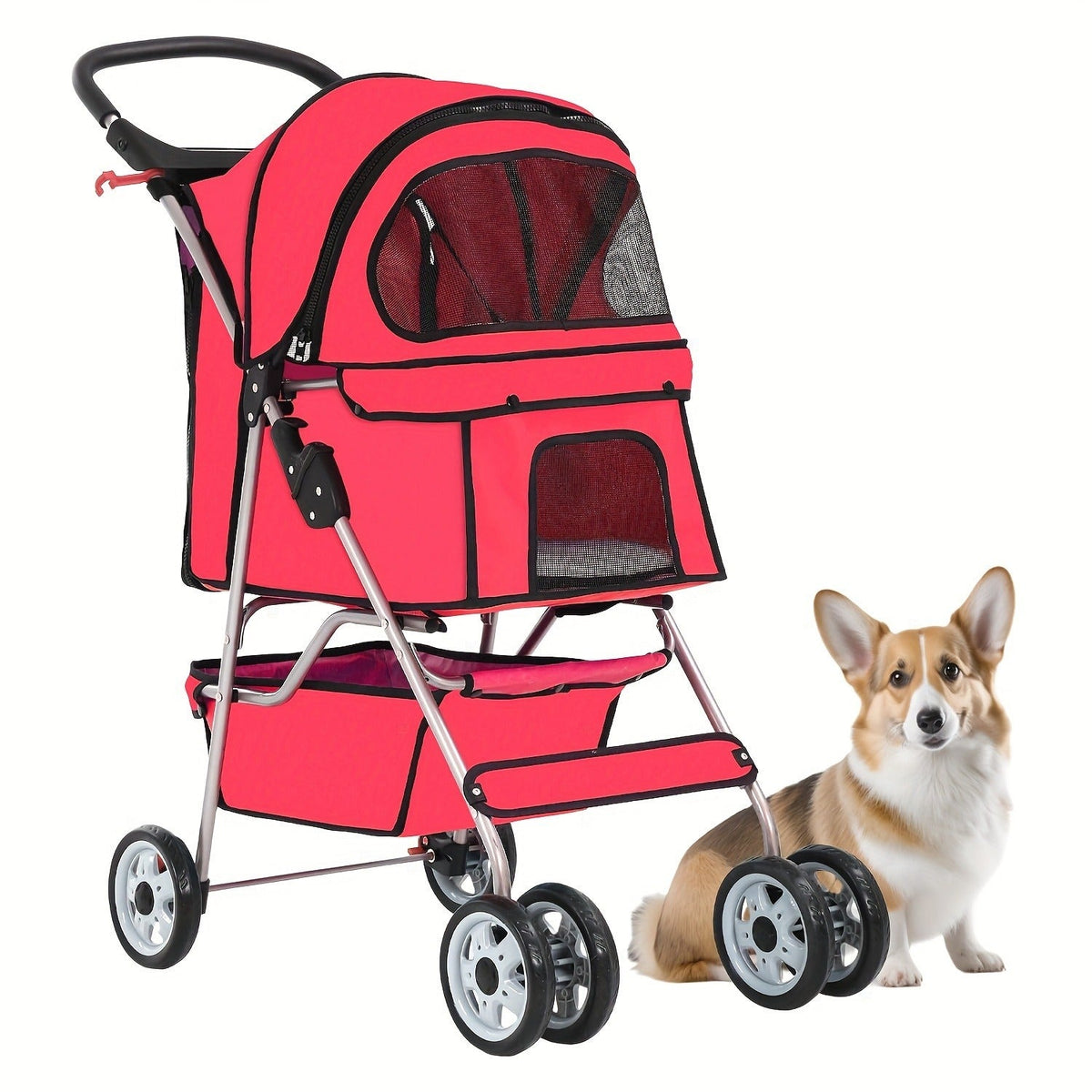 4-Wheel Pet Stroller with Cup Holder & Storage Basket | Portable Breathable Cat Dog Stroller, Smooth-Rolling Outdoor Pram for Small Medium Pets, Foldable Travel Jogger with Canopy, 5 Colors