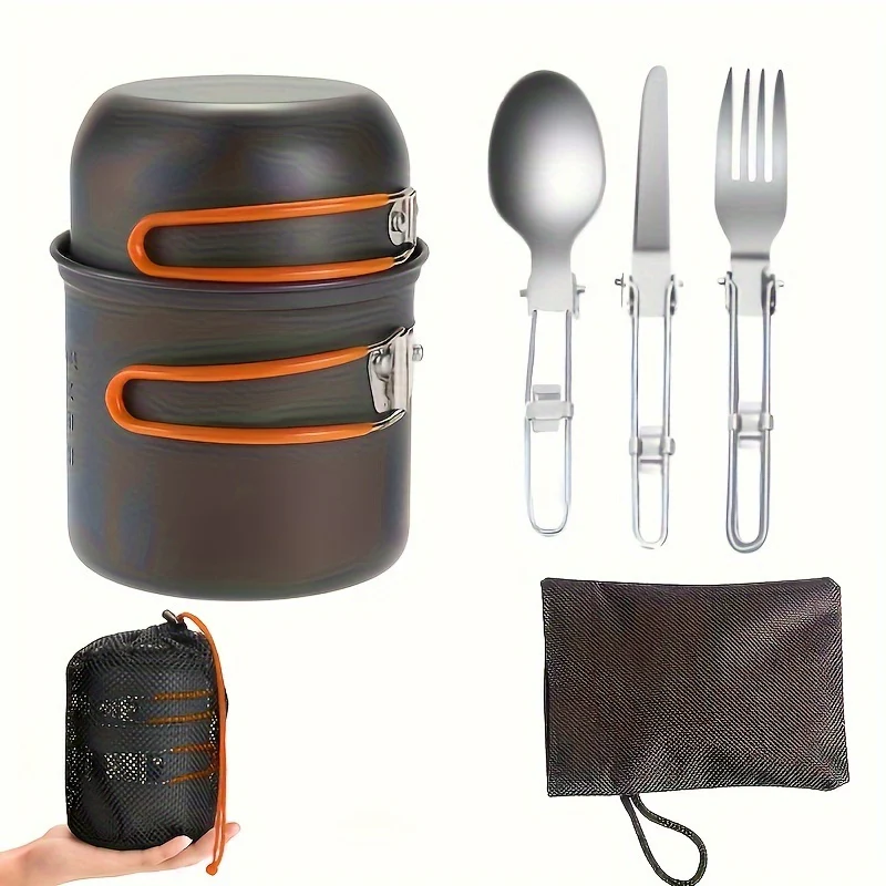 Stainless Steel Camping Cookware Set Portable Outdoor Cooking Pot with Foldable Storage Knives Forks Lightweight Compact for Backpacking Hiking Picnic Travel Orange Green Gift Ready