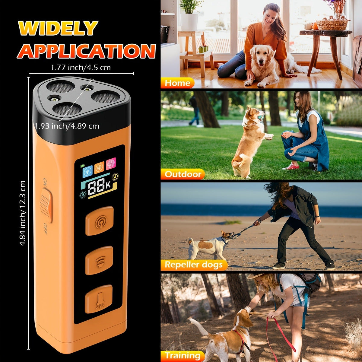 65ft Long-Range Dog Repeller - Triple-Head Ultrasonic Bark Deterrent, Powerful Soundwave Technology, USB Rechargeable Portable Handheld Anti-Barking Device, Dog Behavior Training Tool, Orange