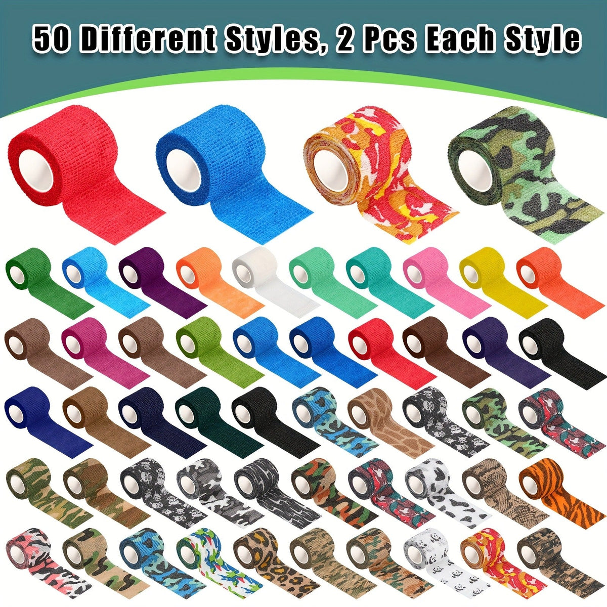Cohesive Bandage Wrap 100 Rolls – 2 Inch x 5 Yards Self-Adhesive Elastic Athletic Tape for Wrist, Ankle & Sports Support | Non-Woven Medical Wrap, Colorful