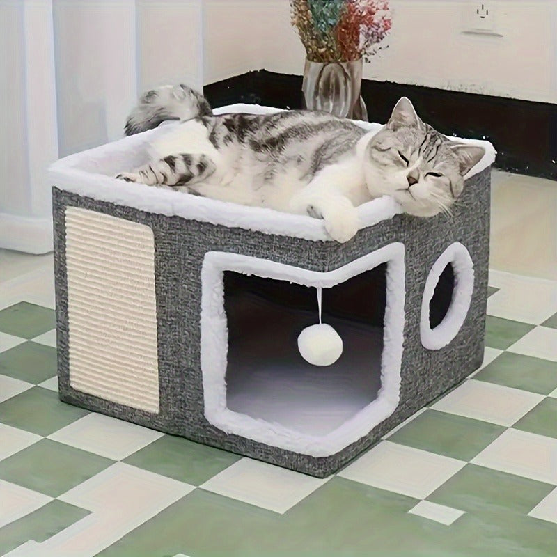 Multi-Tier Cat House & Indoor Cat Cube Bed - Foldable 2-Level Cat Tree with Scratching Post, Toy Tunnel & Plush Hanging Ball, Space-Saving Nylon Canvas Cat Furniture 16.5x16.5x13in for Small Spaces