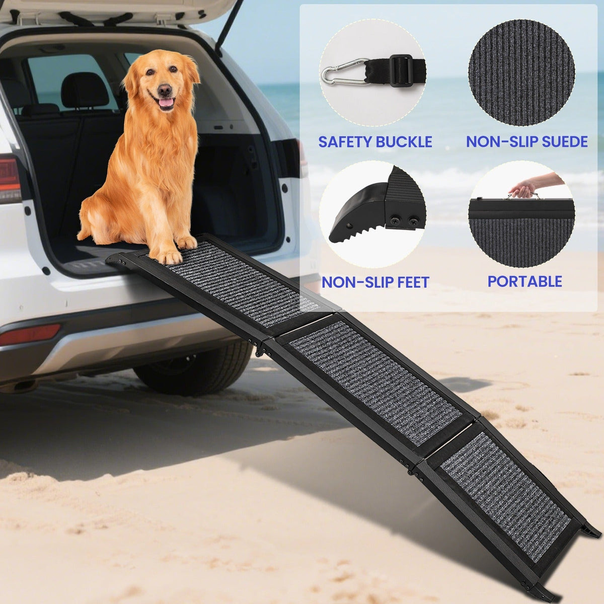 Folding Pet Ramp for Dogs & Cats – Adjustable Portable Non-Slip Fabric Ramp with Ergonomic Handle for Car, Bed & Sofa Access | Indoor & Outdoor Use, 60in & 67in
