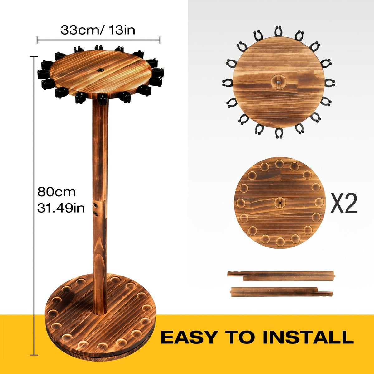 Fishing Rod Rack Holds 16 Rods - Circular Wooden Pole Holder with 360° Rotating Base Option - Space-Saving Wall-Free Fishing Rod Organizer for Garage, Basement & Home Storage