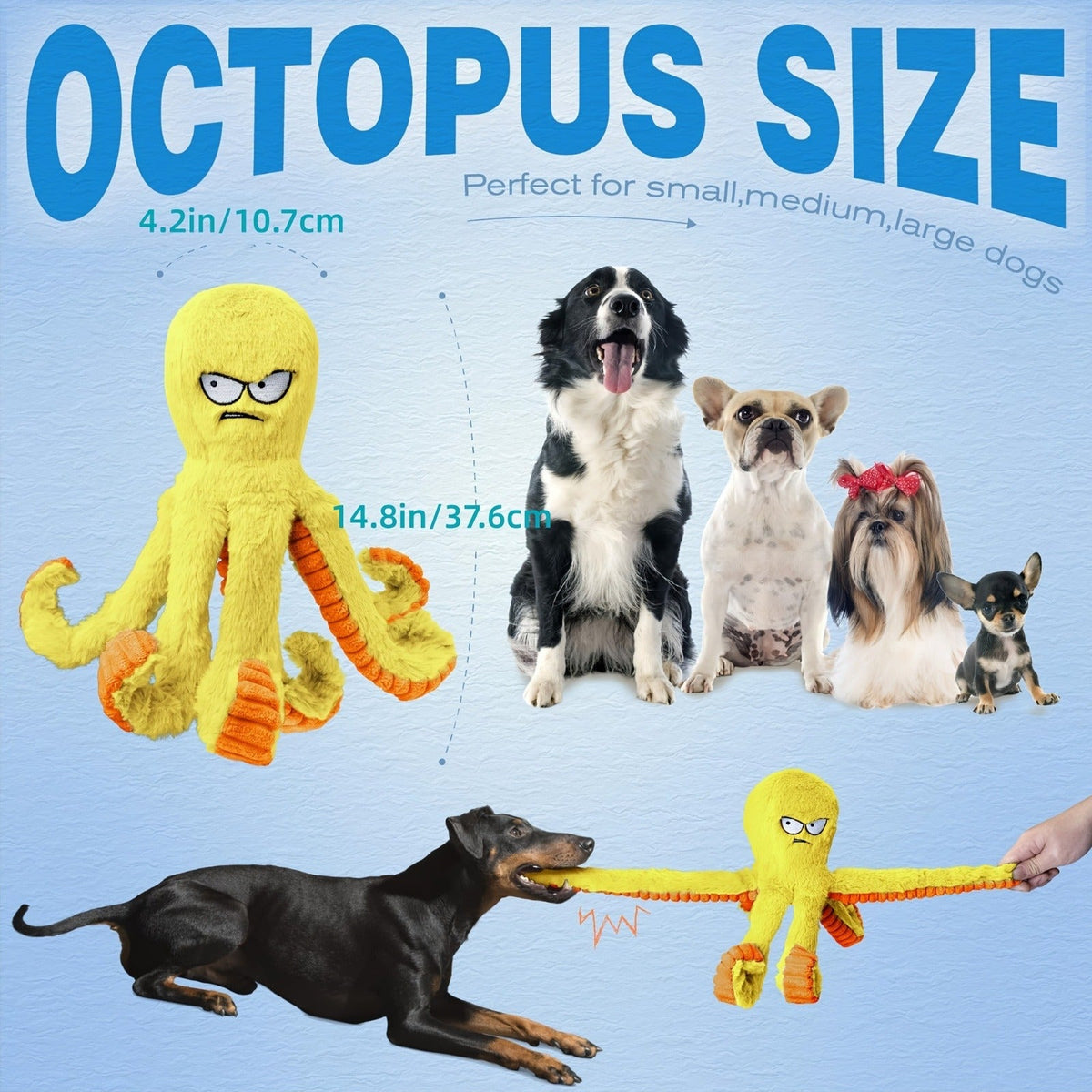 Tough Dog Chew Toy Octopus - Squeaky Stuffed Interactive Dog Toys for Large Dogs, Crinkle Tug of War Plush Dog Toy to Keep Dogs Busy, Durable Dog Toys 1/2/4 Pack - Blue & Yellow Octopus