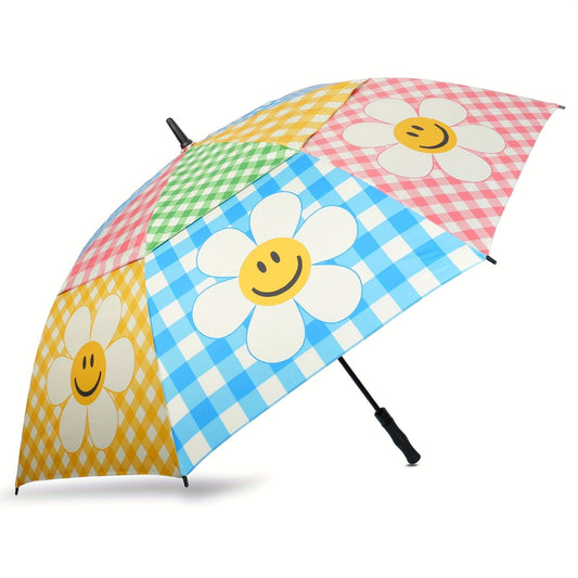 Extra Large Golf Umbrella 52 Inch Double Canopy Windproof - Smile Face Design, 2-Layer Vented Canopy, Straight Long Handle 39.37", Auto Open Button, Sunshade Coverage for 3-4 People, Oversized Rain & Sun Umbrella