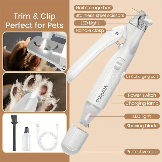 Pet Nail Clipper & Paw Hair Trimmer, 2-in-1 Rechargeable Grooming Tool with LED Light