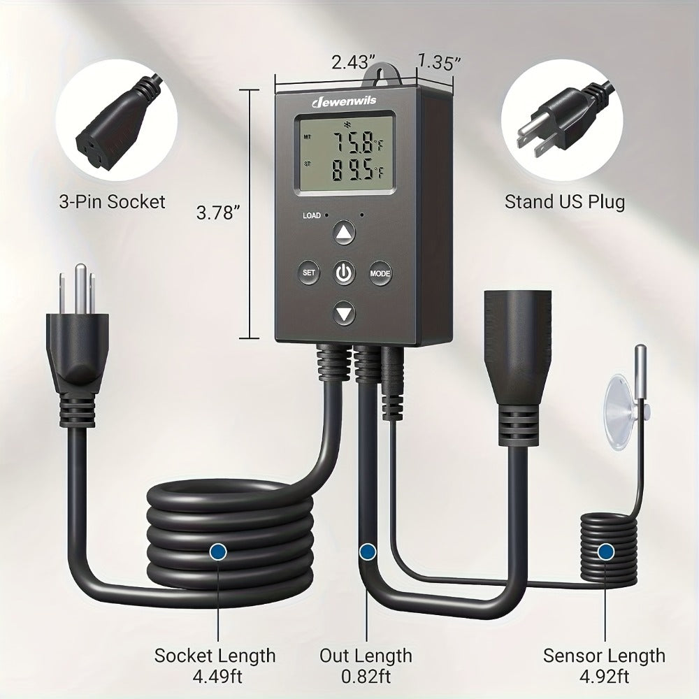 Digital Temperature Controller Thermostat Outlet Heating Cooling Mode 14°F-140°F LCD Display Buzzer Alarm 120V 10A 1200W for Freezer Greenhouse Reptile Aquarium Incubator Home Brewing
