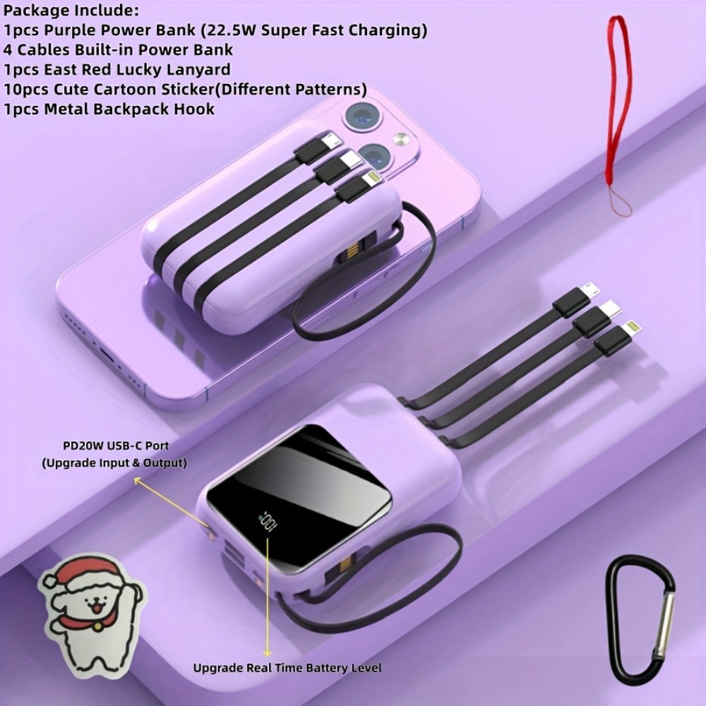 10000mAh Cute Cartoon Power Bank with 4 Built-In Cables & 22.5W Super Fast Charging - Portable Charger Dual LED Flashlight Compatible with iPhone Android USB-C, Travel Battery Pack Red Purple Black Yellow