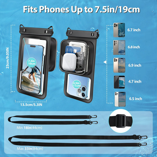 Waterproof Phone Pouch 2-Pack, Black & Cyan PVC with Dual Compartments and Lanyards