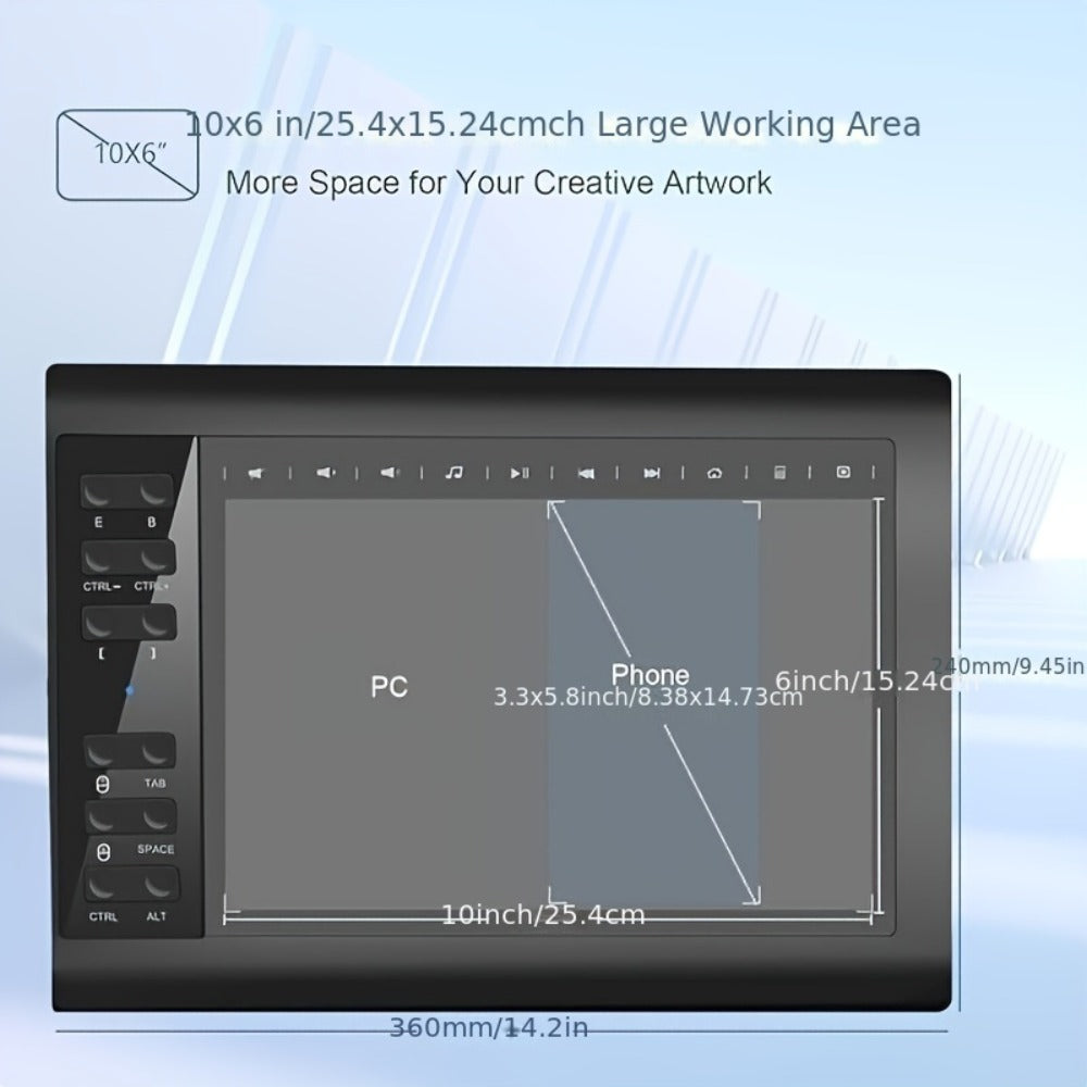 Graphics Drawing Tablet 10x6 Inch, 8192 Levels Pressure Sensitivity Battery-Free Stylus, 12 Programmable Shortcut Keys, 30 Replacement Tips, Tilt Support, Compatible with PC Mac Android – Digital Art, Illustration & Online Teaching