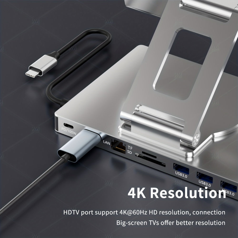 iPad Phone Rotating Stand Docking Station – 4K 60Hz HDMI, Gigabit Ethernet, 100W PD, USB 3.0 Hub, SD/TF Card Reader, Audio Jack – Multi-Screen Home Office for iPad Pro & Smartphones