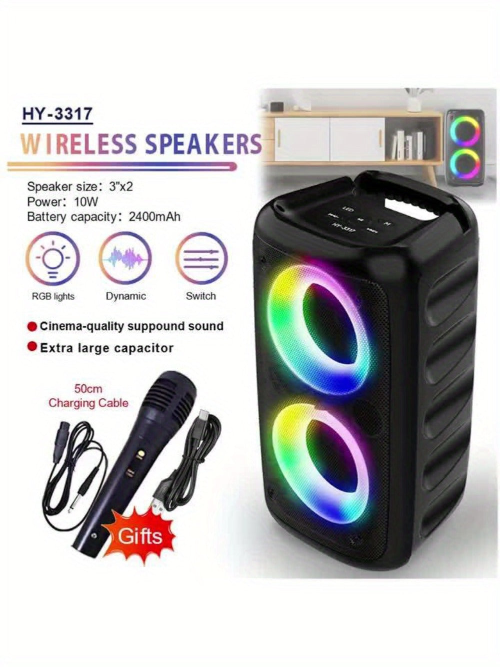 Wireless Bluetooth Speaker with Color LED Lights, MOKiN KTS-1265 Portable Party Speaker, Bass Boost, FM Radio, TF Card, USB, Type-C, Lightweight for Outdoor Travel Home Parties