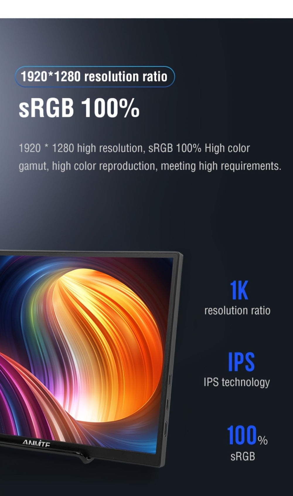 Anmite 10.5" IPS Portable Monitor 1280P 100% sRGB USB-C, Laptop Second Screen Gaming Extension Display for Mac PS4 PS5 Raspberry Pi Switch Steam Deck, Ultra-Slim Travel Monitor