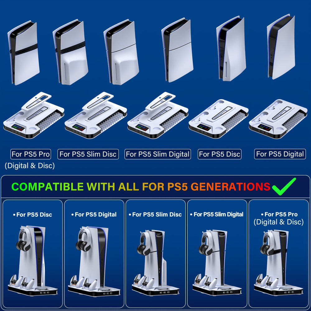 PS5 Pro Slim Cooling Station with Controller Charging Station for PS5/Slim/Pro Standard & Disc/Digital Console, Stand Cooler Accessories with Cooling Fan, 3 USB Hubs, Headset Holder & Screw Included