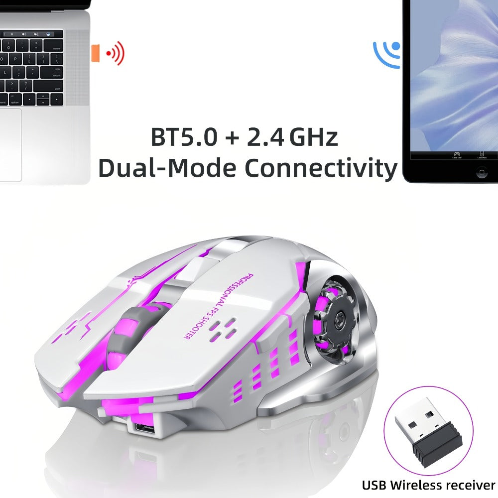Bluetooth 5.0 2.4G Dual Mode Wireless RGB Gaming Mouse Silent 6 Button Ergonomic USB-C Rechargeable Breathing Light for PC Laptop Mac Tablet Office Gaming Tech Black Star Black White Gray