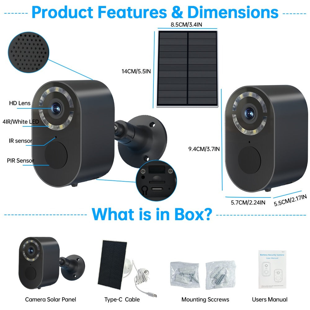 2K Solar Security Camera Outdoor Waterproof with Human Figure Alarm, Color Night Vision, 2-Way Audio, Low-Power WiFi Monitoring – Indoor Outdoor Pet Baby Surveillance Camera, 2.4G Wi-Fi