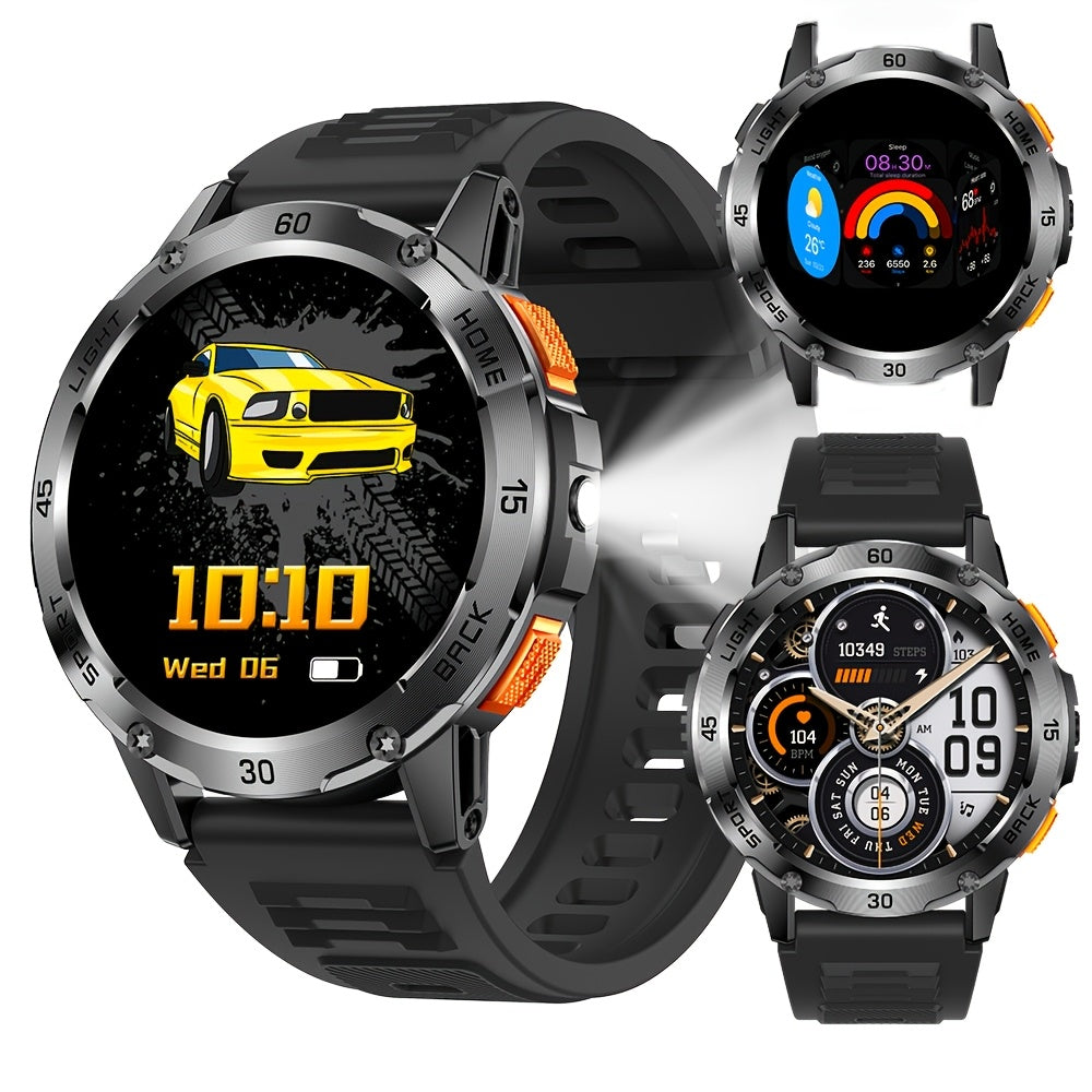 Flashlight Compass Outdoor Smartwatch for Men Waterproof 100+ Sport Modes Sleep Monitor Pedometer Calorie Tracker Rugged Hiking Camping Fitness Watch Compatible with iPhone – Black Pink Beige Orange