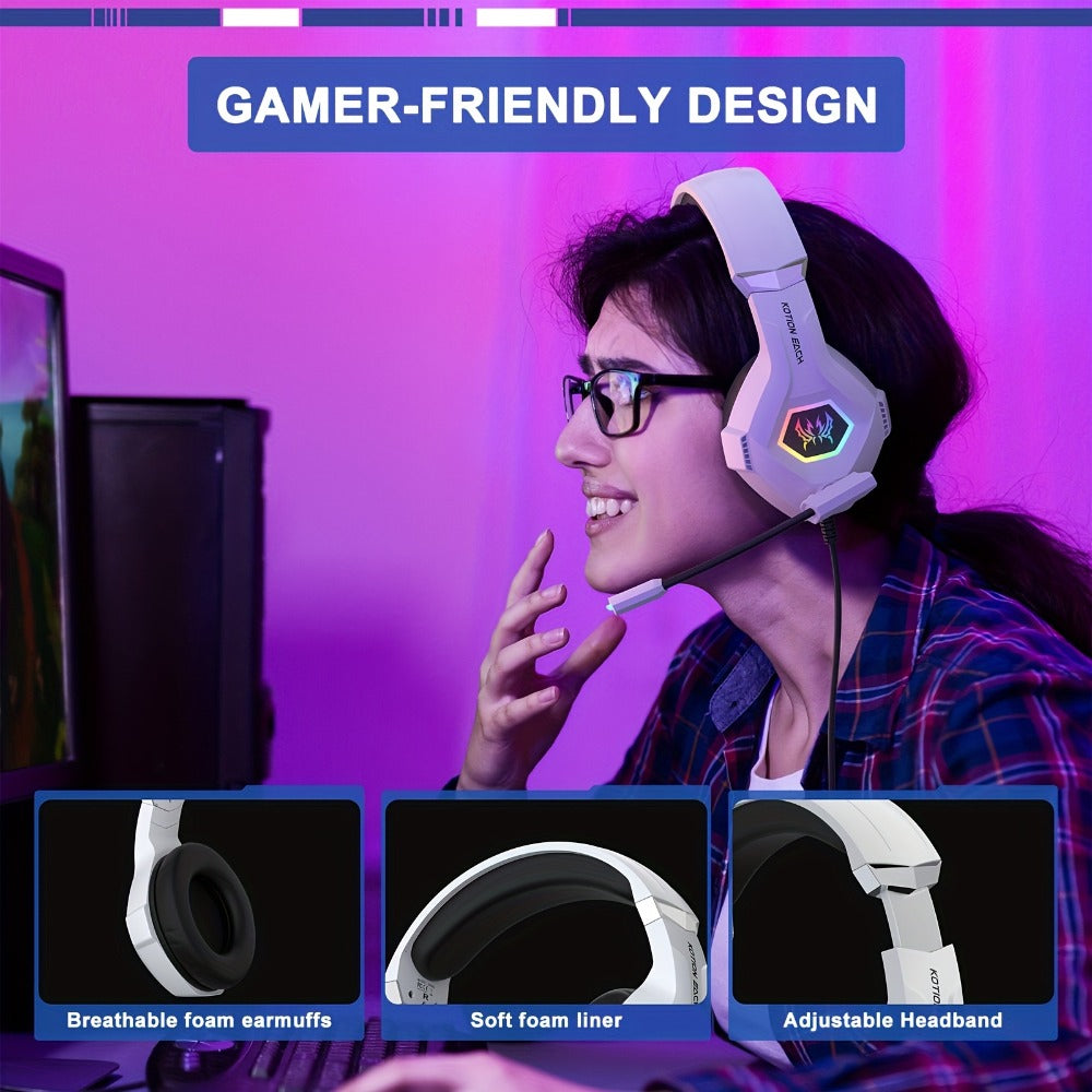 GS450 Gaming Headset Surround Stereo with LED Lights & Soft Memory Earmuffs – Noise Cancelling Mic Over-Ear Headphones for PS5 PS4 Xbox One Switch PC Mac Computer Games