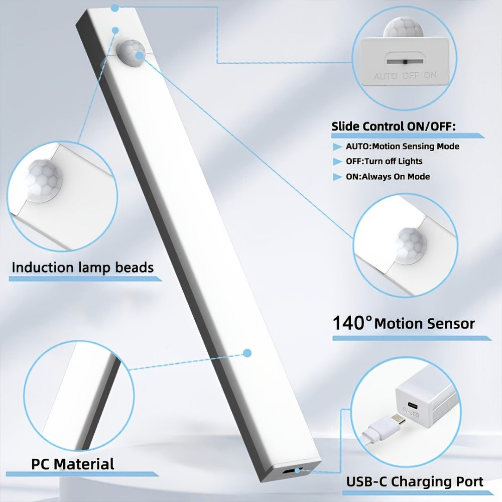 Rechargeable Motion Sensor LED Night Light 6 Pack - 400mAh USB, 3 Brightness Levels, Wireless Stick-On Bar for Cabinet, Stair, Bedroom, Kitchen & Hallway (3.94" / 7.87" / 11.8", 3 or 6 Pack)