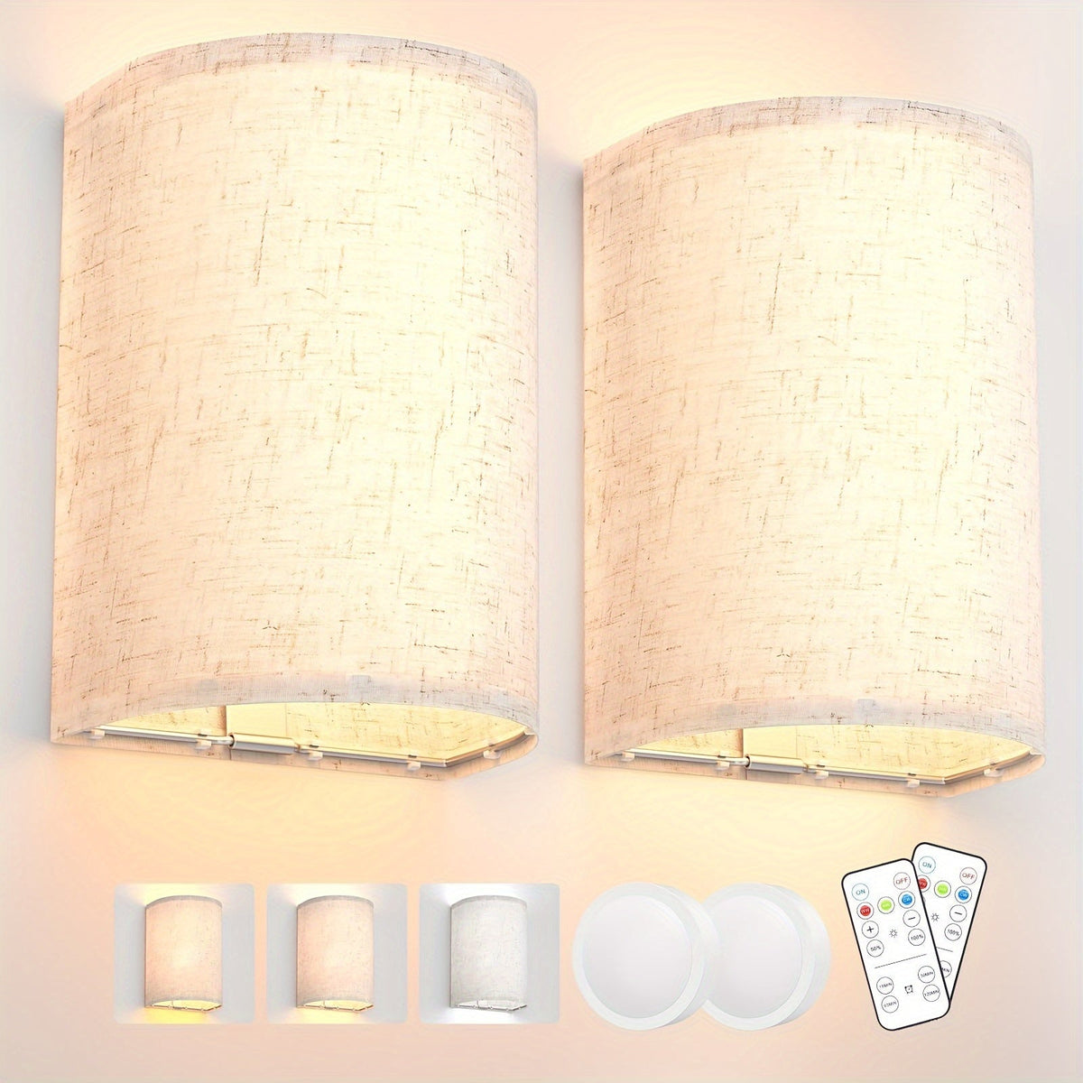 Rechargeable Wall Sconce Set of 2 – Wireless Fabric Shade Wall Light with Remote Control, Magnetic Puck Light, Dimmable CCT or RGB Color, No Wiring for Bedroom Living Room Hallway Decor