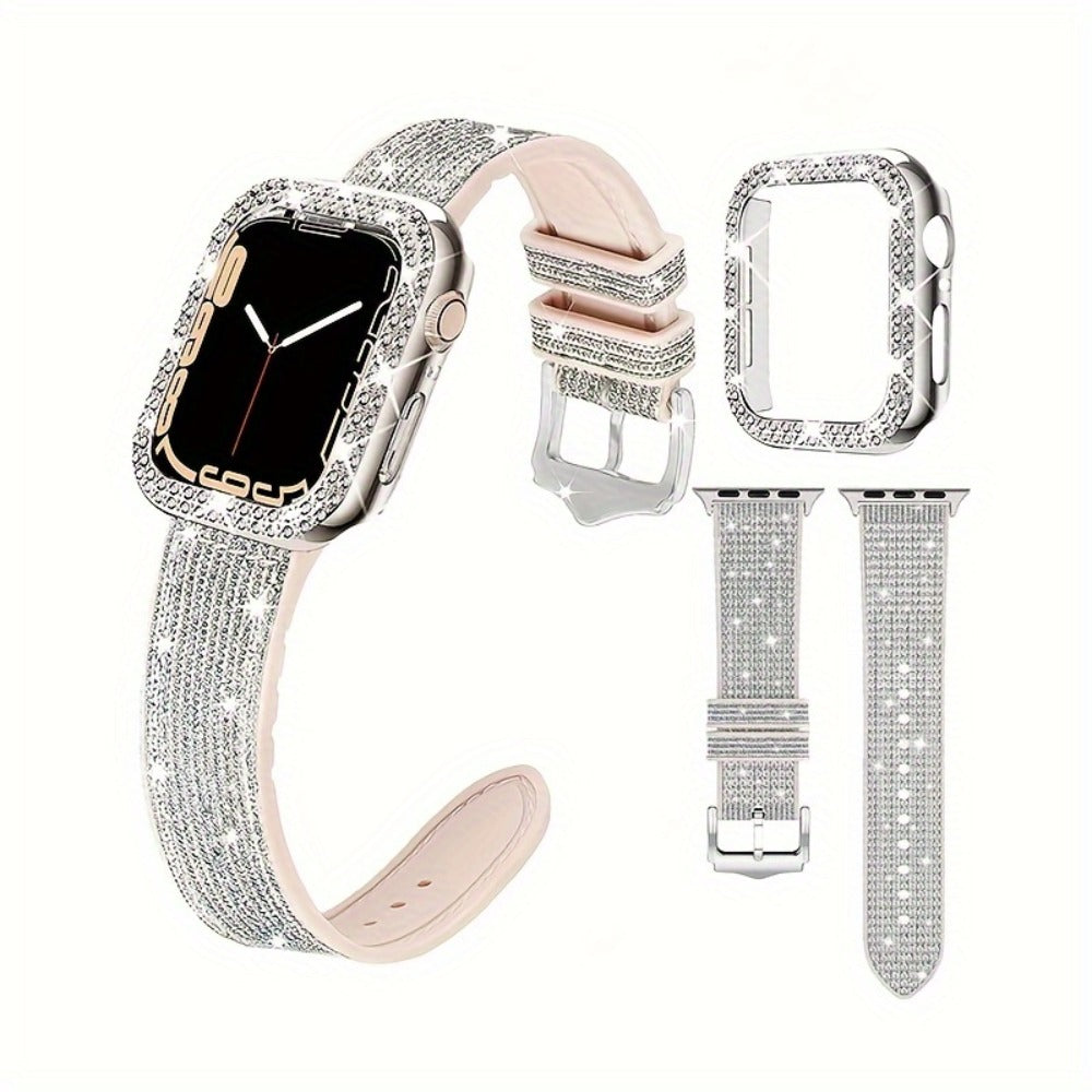 Apple Watch Band with Case Crystal Rhinestone Bling, Chameleon Color-Shift Strap + Shockproof Hard PC Cover, Compatible with Apple Watch Series 1-9 SE Ultra 38mm to 49mm S10 – Rose Gold Black Silver Women