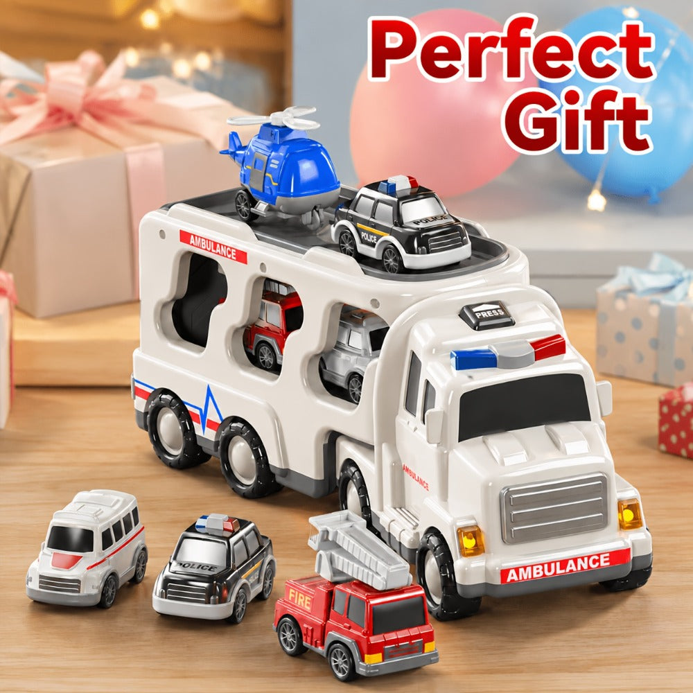 Ambulance Carrier Truck Toy Set, 5-in-1 with Lights, Sound and Rescue Vehicles
