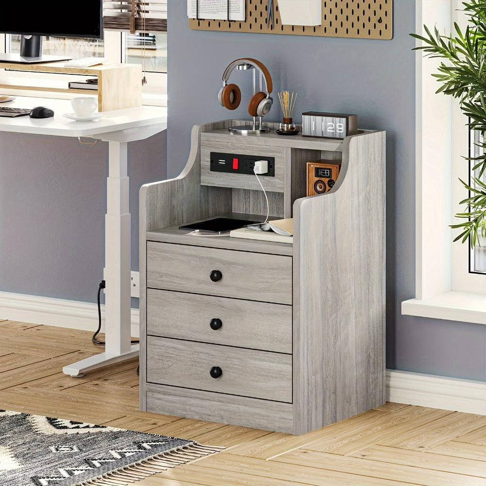 Nightstand with Power Outlets and USB Ports – 3-Drawer Hutch Charging Station | 2 Outlets 2 USB | Bedroom End Table Side Table | 14"D x 17.7"W x 26.8"H | Gray or White | Housewarming Gift