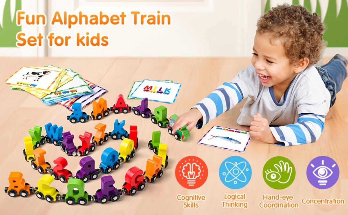 Wooden Alphabet Train Set, 27-Piece Magnetic ABC Letter Toy with 42 Flash Cards & Storage Bag
