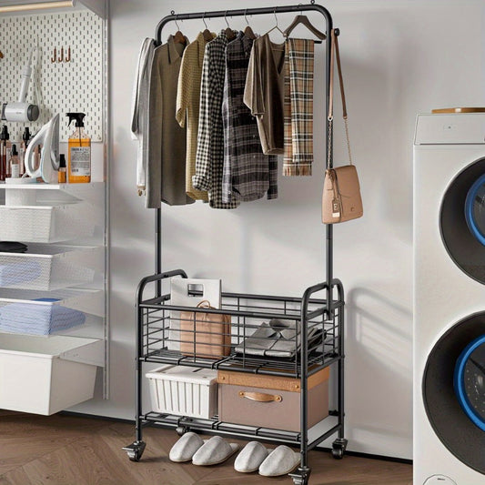 Rolling Laundry Basket with Hanging Rack, Bottom Shelf and Locking Casters
