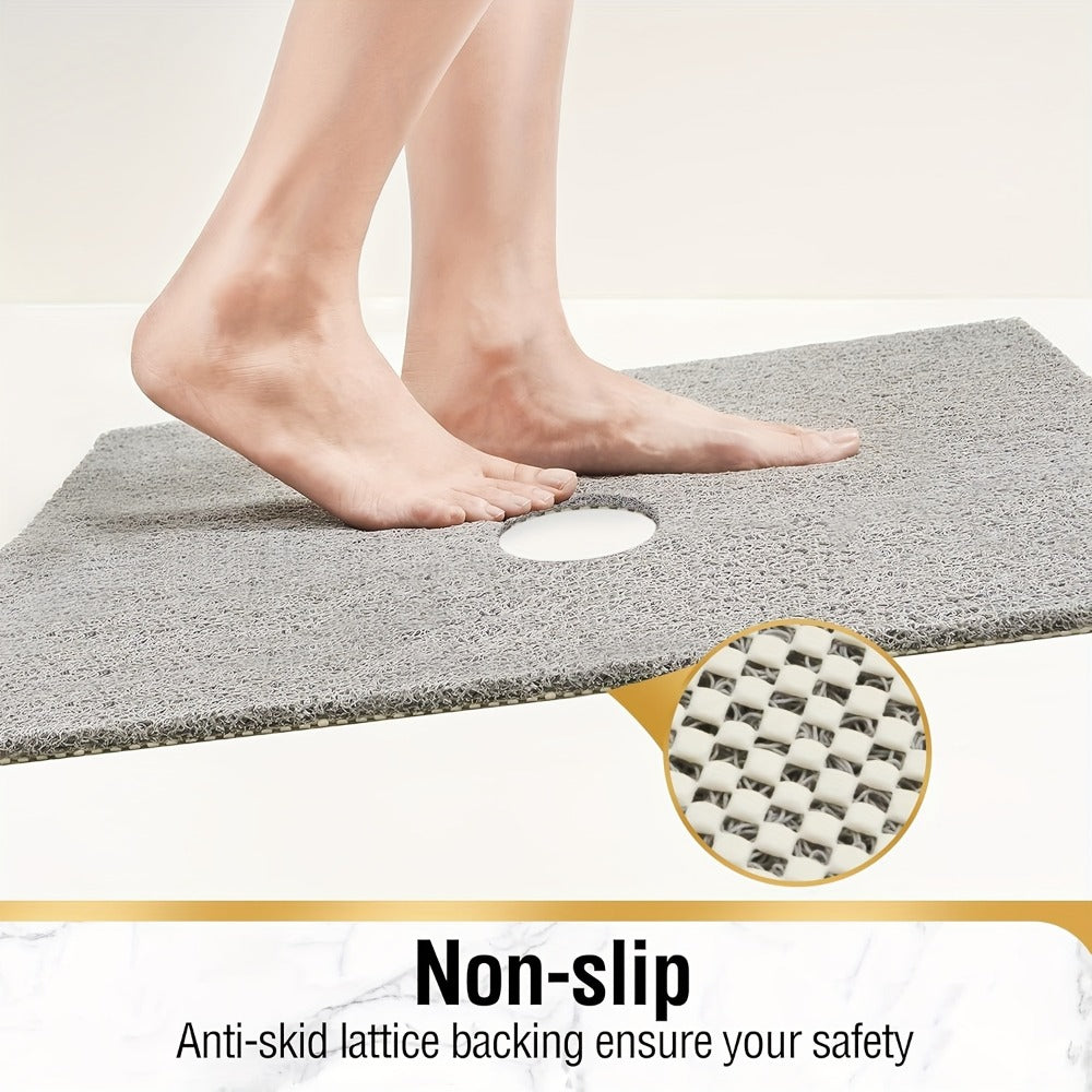 Non-Slip Shower Mat PVC Loofah Bath Mat with Drain Holes – Quick-Dry Square Bathtub Floor Mat, No Suction Cups Needed, Soft Cushioned, 24x24 Inch, Grey/White/Beige