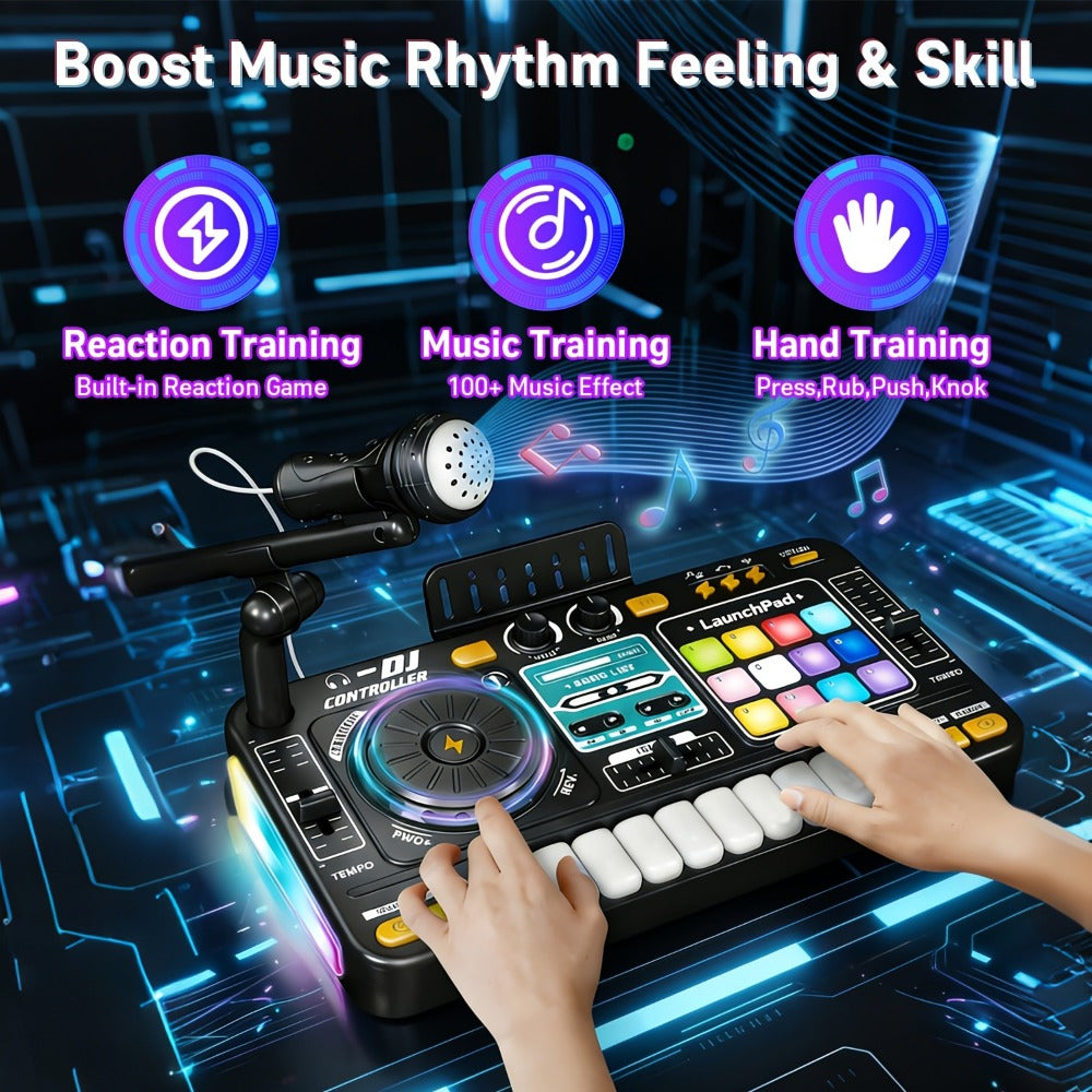 Kids DJ Mixer Toy in Black with LED Lights, Microphone and Piano Keys