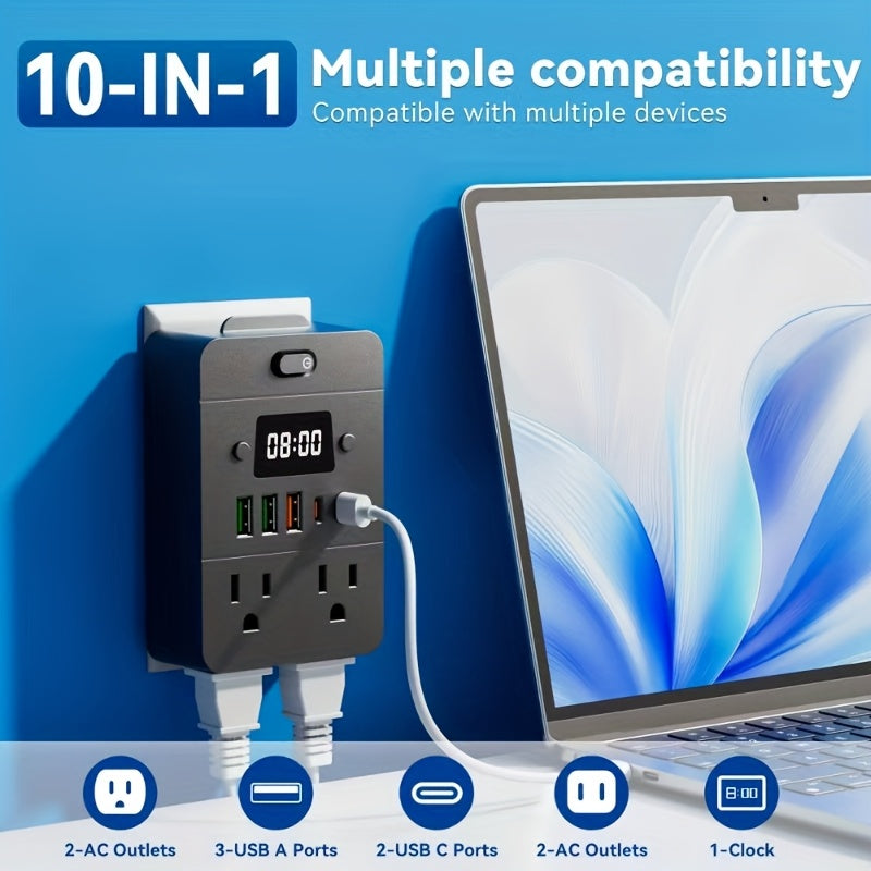 Desktop Power Strip with LED Desk Lamp & Clock 9-in-1, 4 AC Outlets & 5 USB Ports (3 USB-A & 2 USB-C), Surge Protection & Overload Safety for Office, Study, Home & School